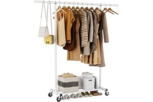 HYSEYY Clothes Clothing Garment Rack with Wheels,46.5" L Heavy Duty Rolling Clothing Racks for Hanging Clothes, Metal Sturdy Closet Rack Clothes Hanger Rack for Coats, Shirts, Dress,White