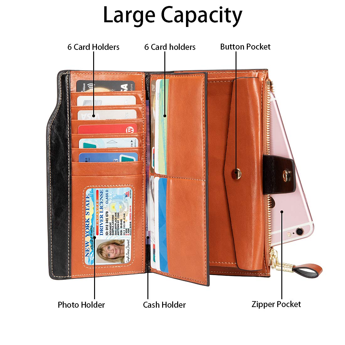 Women\'s Wallet, RFID Blocking Large Capacity Clutch Purse, Genuine Leather Card Holder, Brown