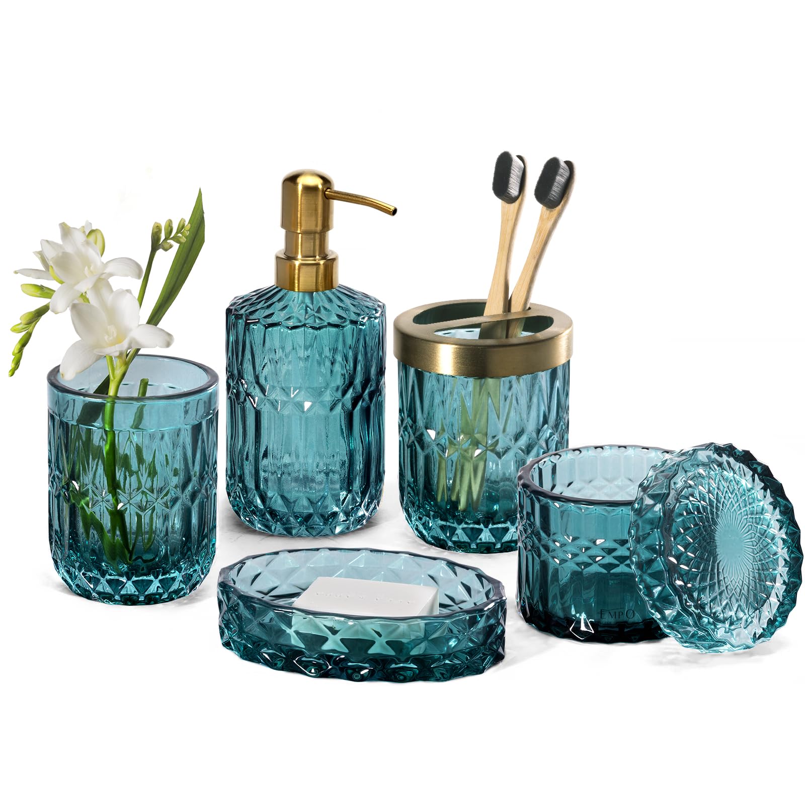 Photo 1 of EMPO 6PCS Bathroom Clear Glass Accessories Set (Lotion Soap Dispenser, Soap Dish, Toothbrush Holder, Tumbler, Cotton Swab Jar), Contemporary Modern Decor Crystal Vintage Gift (6pcs Ocean Teal Blue)