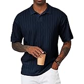 JMIERR Mens Polo Shirt Textured Knit Button Casual Short Sleeve Summer Vacation Beach Stretchy Golf Shirts