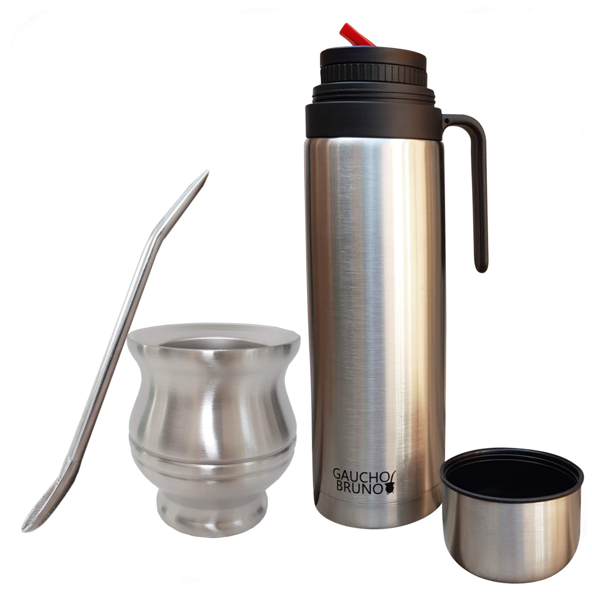 Gaucho Bruno - Stainless Steel Thermal Mate for Drinking Yerba Mate, Bombilla Straw and 1 Litre Flask with Red Pouring Spout | Easy to Clean | Comfortable to Hold | Brushed and Polished | Keeps Warm