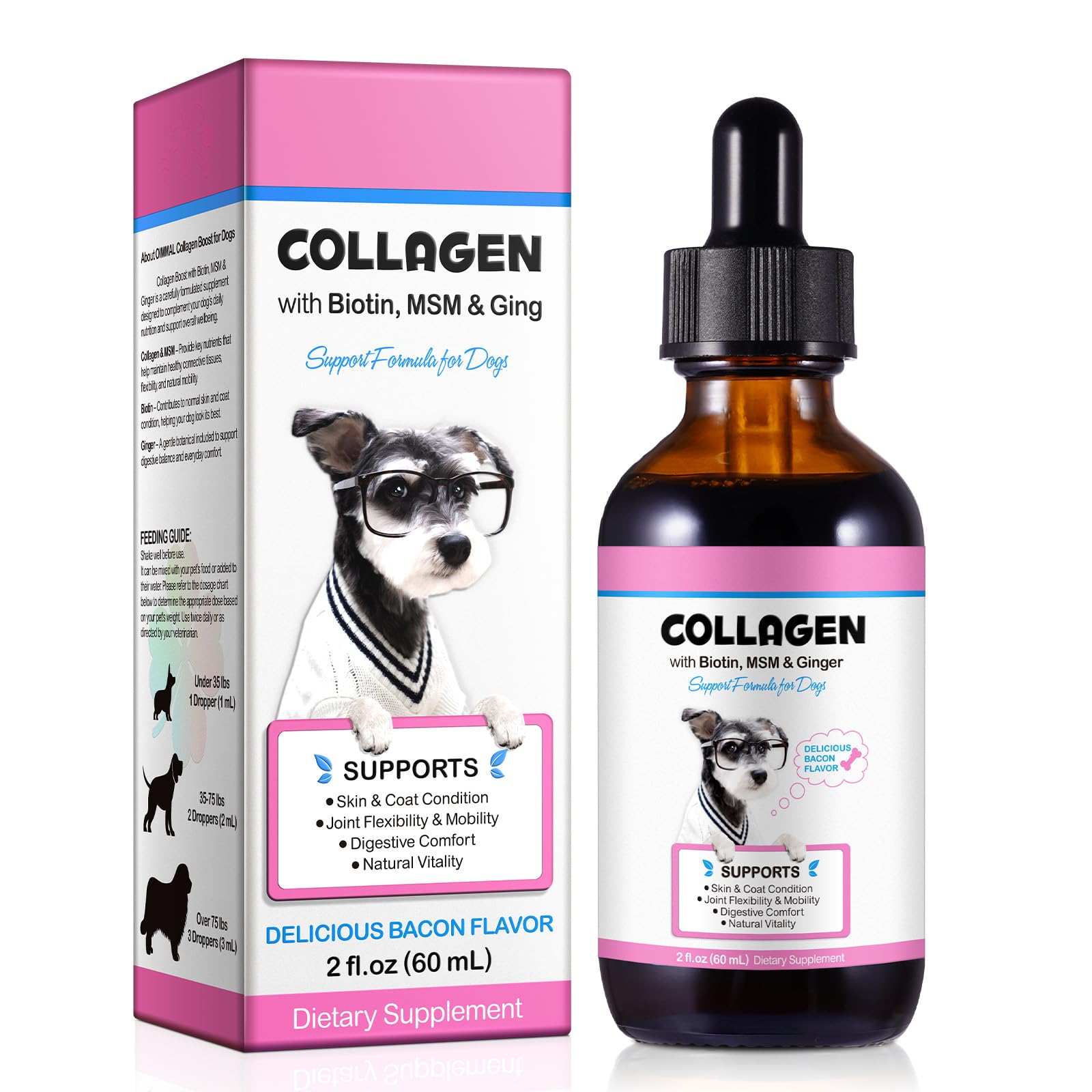 Collagen for Dogs, Natural Liquid Collagen Drops for Dogs Supports Shiny Skin & Coat, Joint Function and Digestive Function, Pet Herbal Supplement Drops, Dog Vitamins - Bacon Flavor / 2.02oz