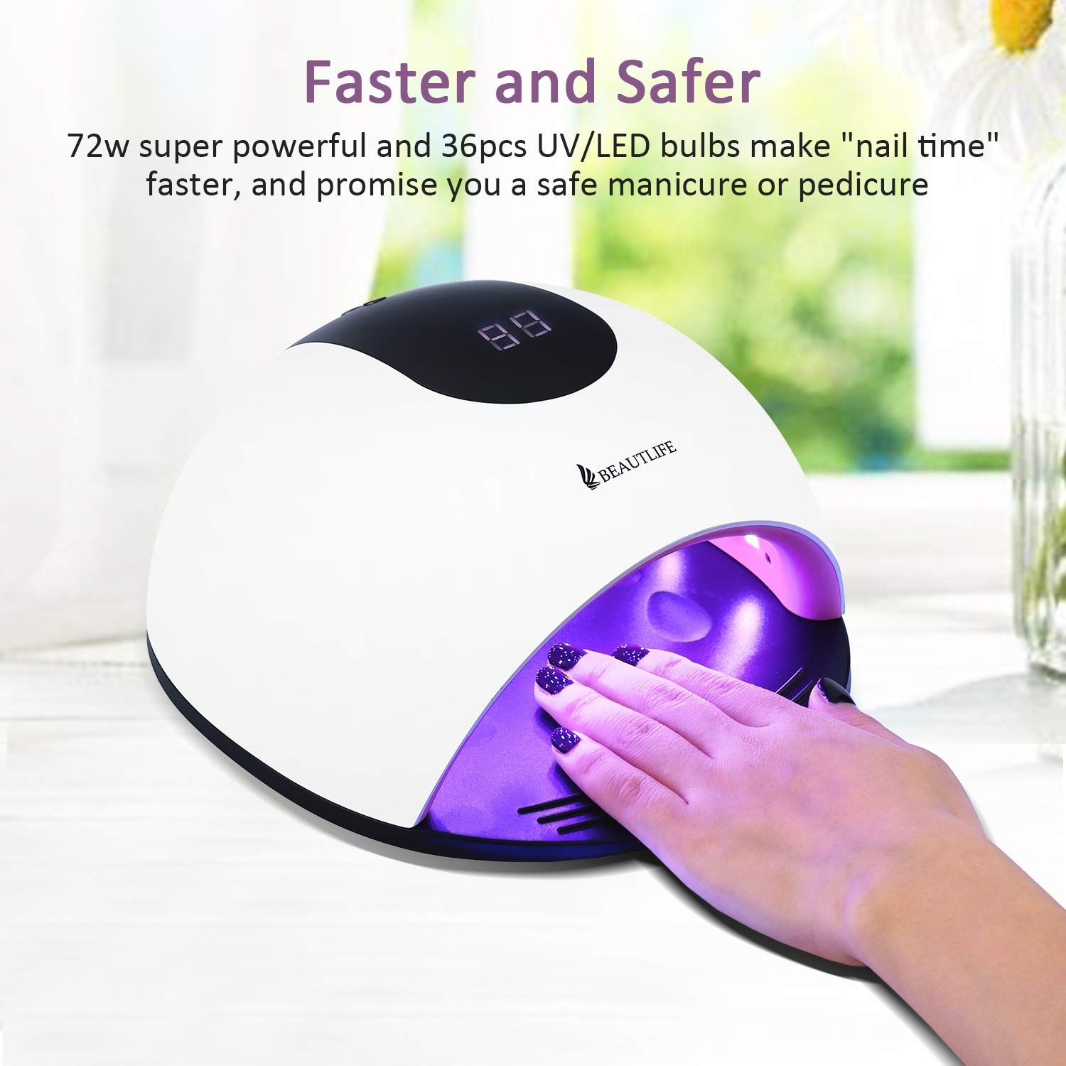 Sèche Ongles 72W Lampe UV LED Ongles Gel, Séchoir à Ongles Machine Semi Permanent avec Minuterie de 10s/ 30s/ 60s/ 120s, Capteur Automatique Intelligente et Écran LCD pour Tous les Gels (Blanc)