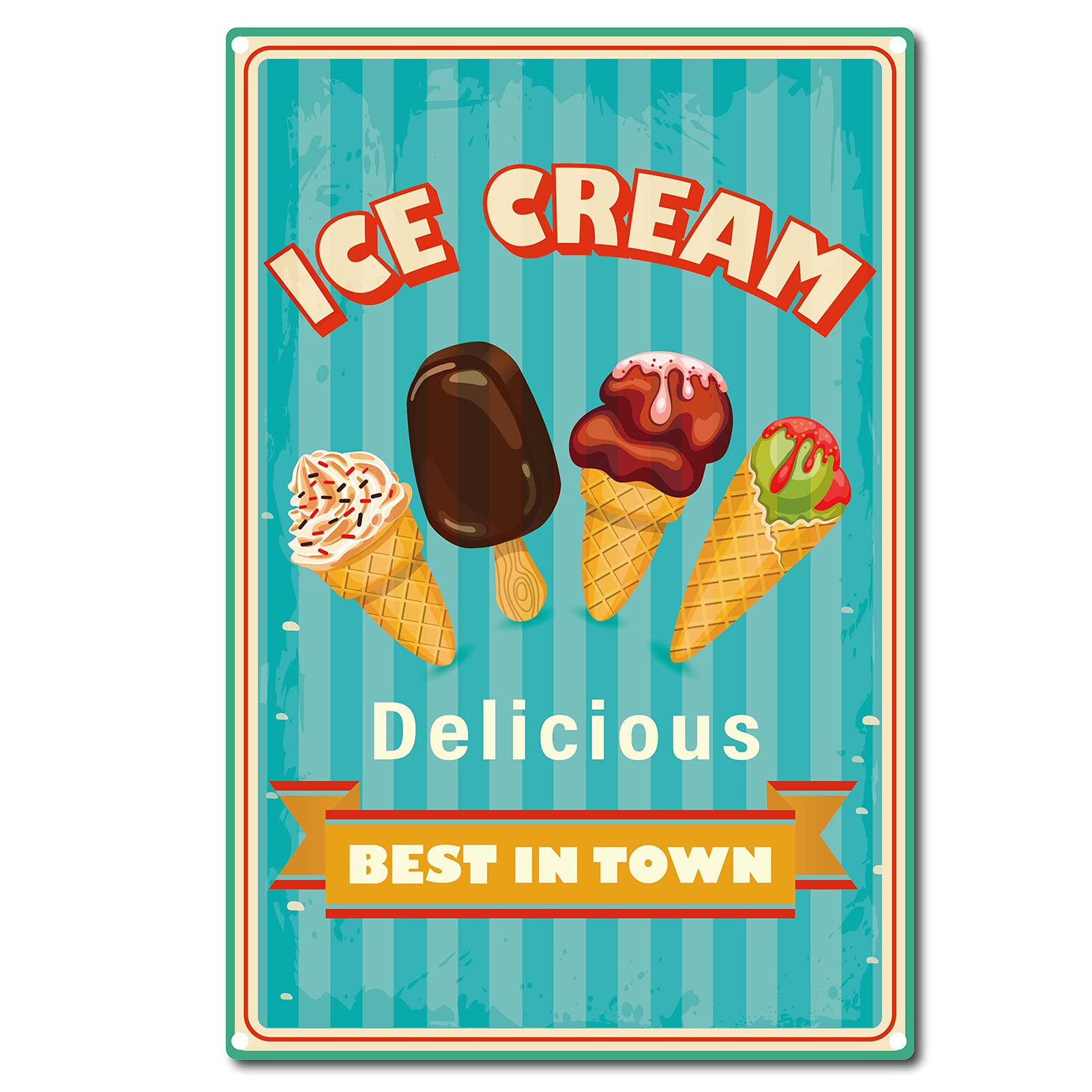 CREATCABIN Retro Vintage Tin Sign Delicious Ice Cream Best In Town Metal Wall Decor Decoration Art Mural for Home Garden Kitchen Bar Pub Living Room Office Garage Poster Plaque 12 x 8inch