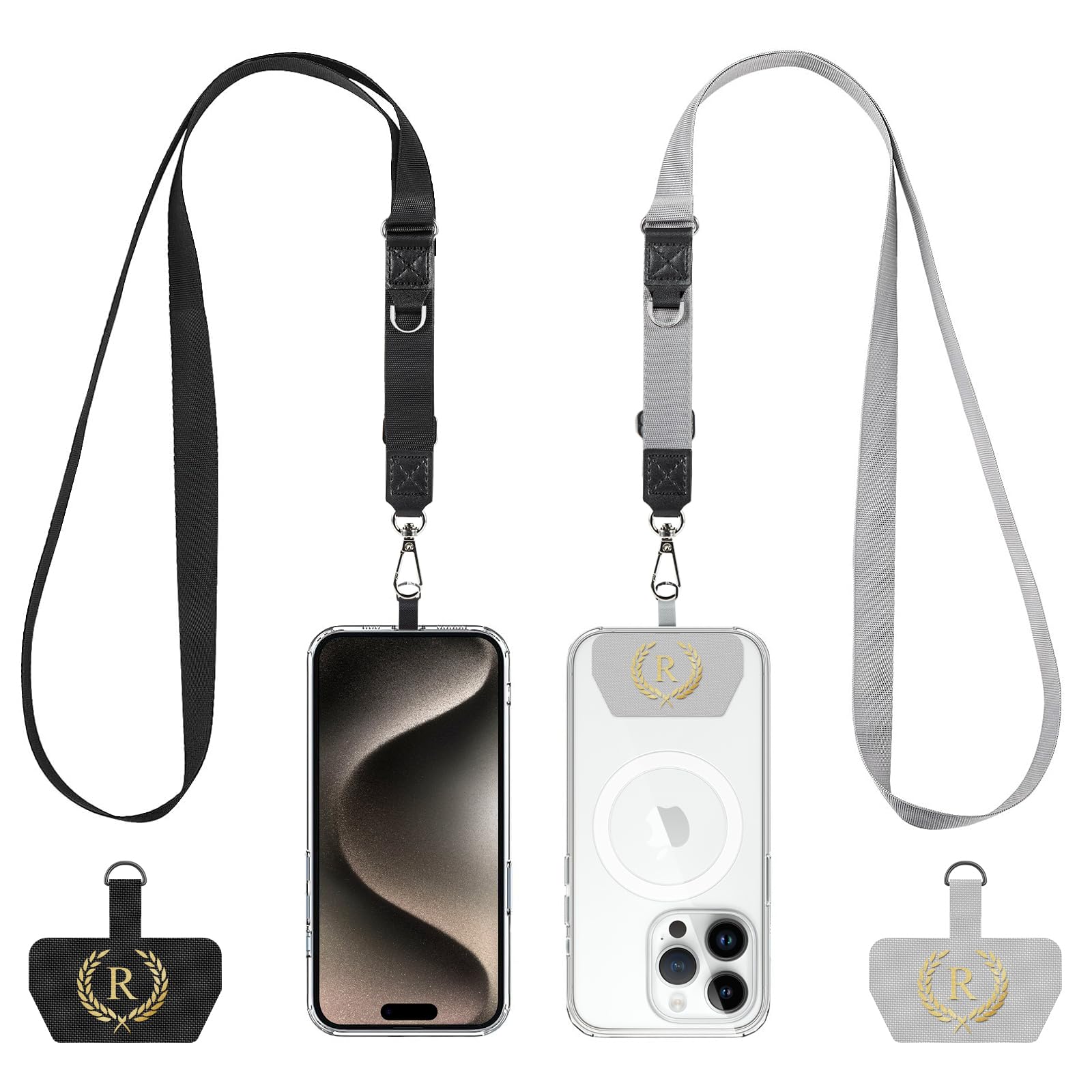 Cordivo Cell Phone Lanyard 2 Pack-2×Adjustable Crossbody Strap,2×Letter Patches,Universal Neck Strap Compatible with Most Smartphones and Wallets Keys Travel Essentials Black/Gray (Letter R)