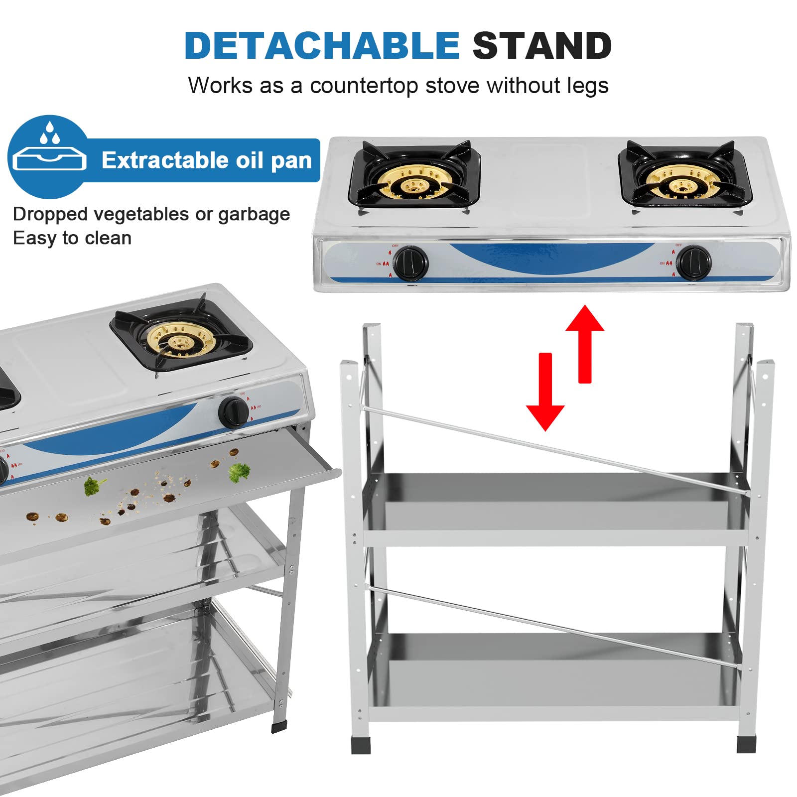 Propane Gas Stove 2 Burner Gas Stove with Removable Leg Stand Portable Gas Stove Auto Ignition Camping Dual Burner LPG for RV, Apartment, Outdoor