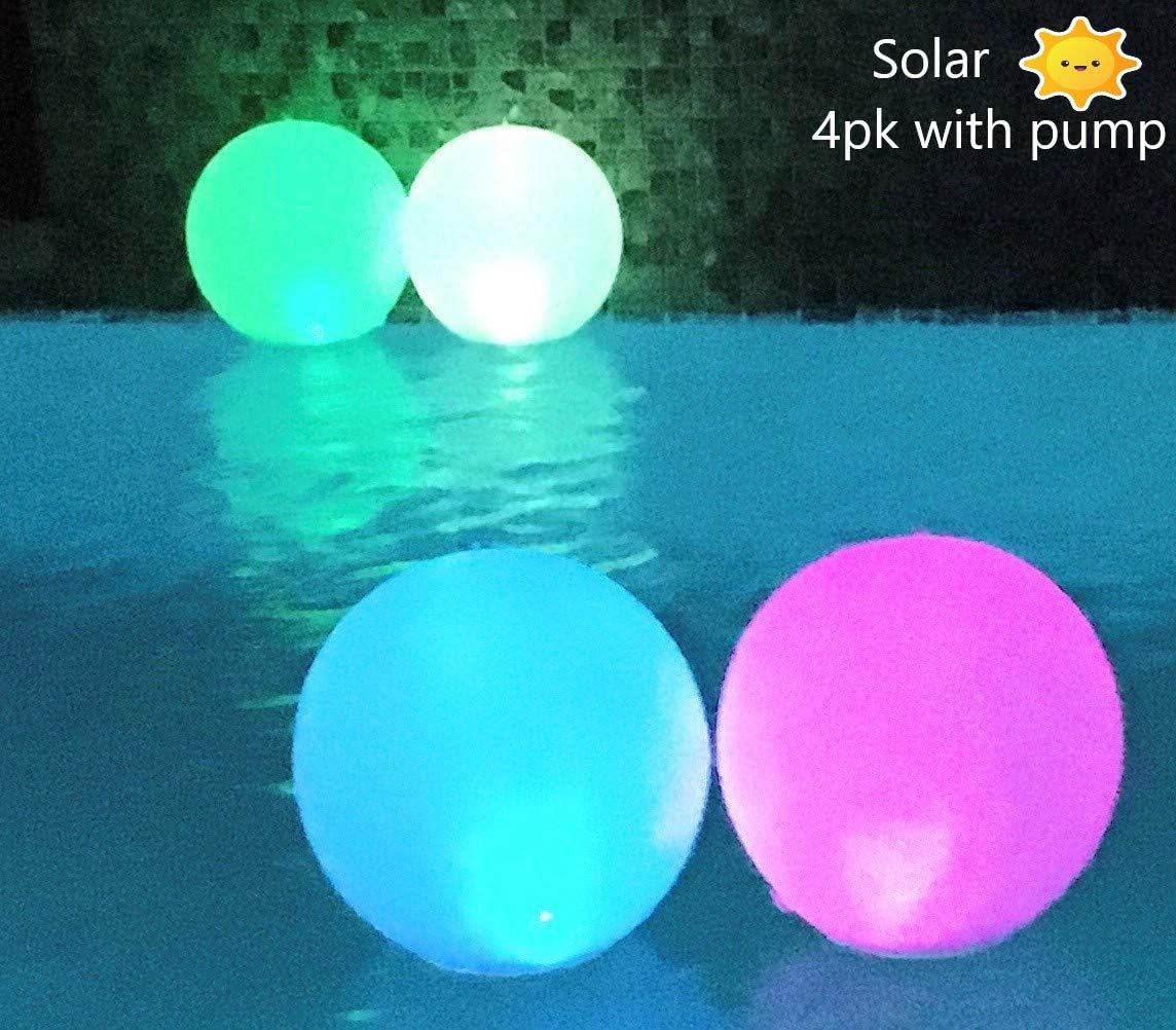 Wyobuff Solar Floating Pool Light |14 Inch Inflatable Globe | 4PK- Pump Included | Glow Globe |Waterproof| Hangable Lamp | 4 Color Change Cycle | in/Outdoor Lighting | Illuminate Backyard & Garden