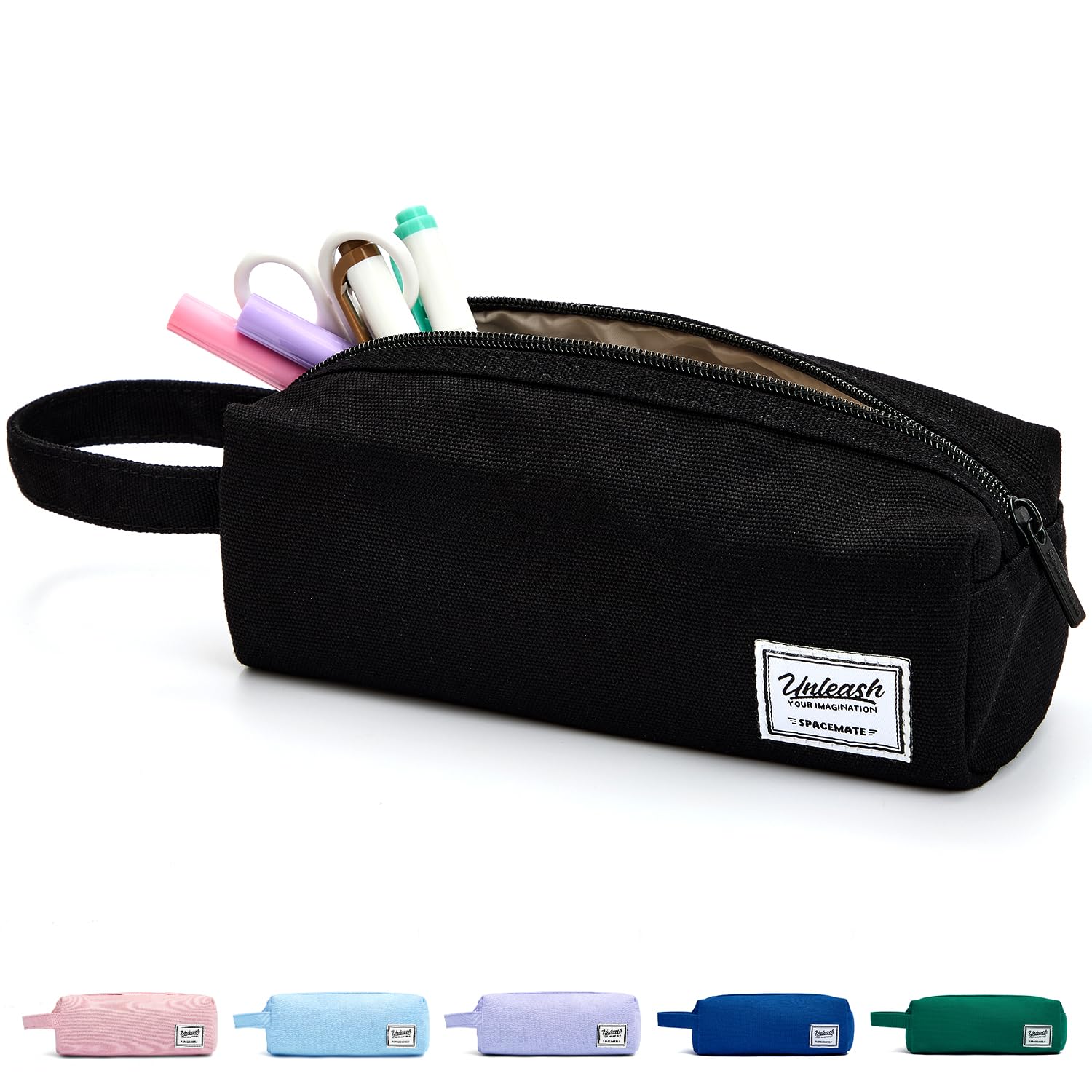Photo 1 of SPACEMATE Pencil Case Pouch Box Bag School Supplies Girls Boys Kids, Cute Preppy Stuff Large Big Capacity Aesthetic Canvas Pen Organizer, Back to College Stationary, Black, Simple Style, 1200ml