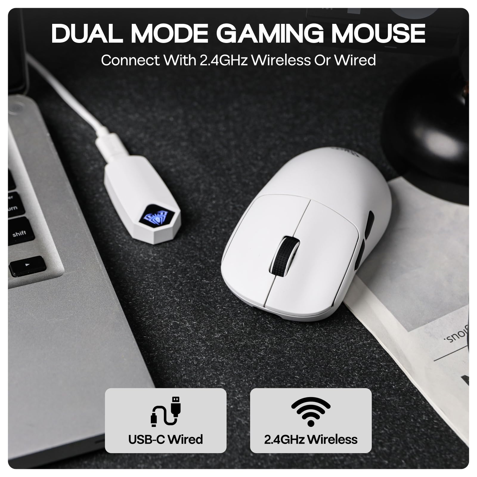 EPOMAKER Aula SC800 Wireless Gaming Mouse, 37g Lightweight, Adjustable 26,000 DPI, 8k Polling Rate, PAW3395, Programmable Buttons, On-Board Memory, 250mAh Battery, PC/MAC/Linux (White)