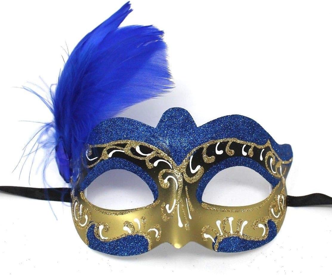LADIES BLUE WHITE & GOLD VENETIAN MASQUERADE HALLOWEEN CARNIVAL PARTY EYE BALL FEATHER MASK, Blue White Gold, 7cm Deep - Image 3