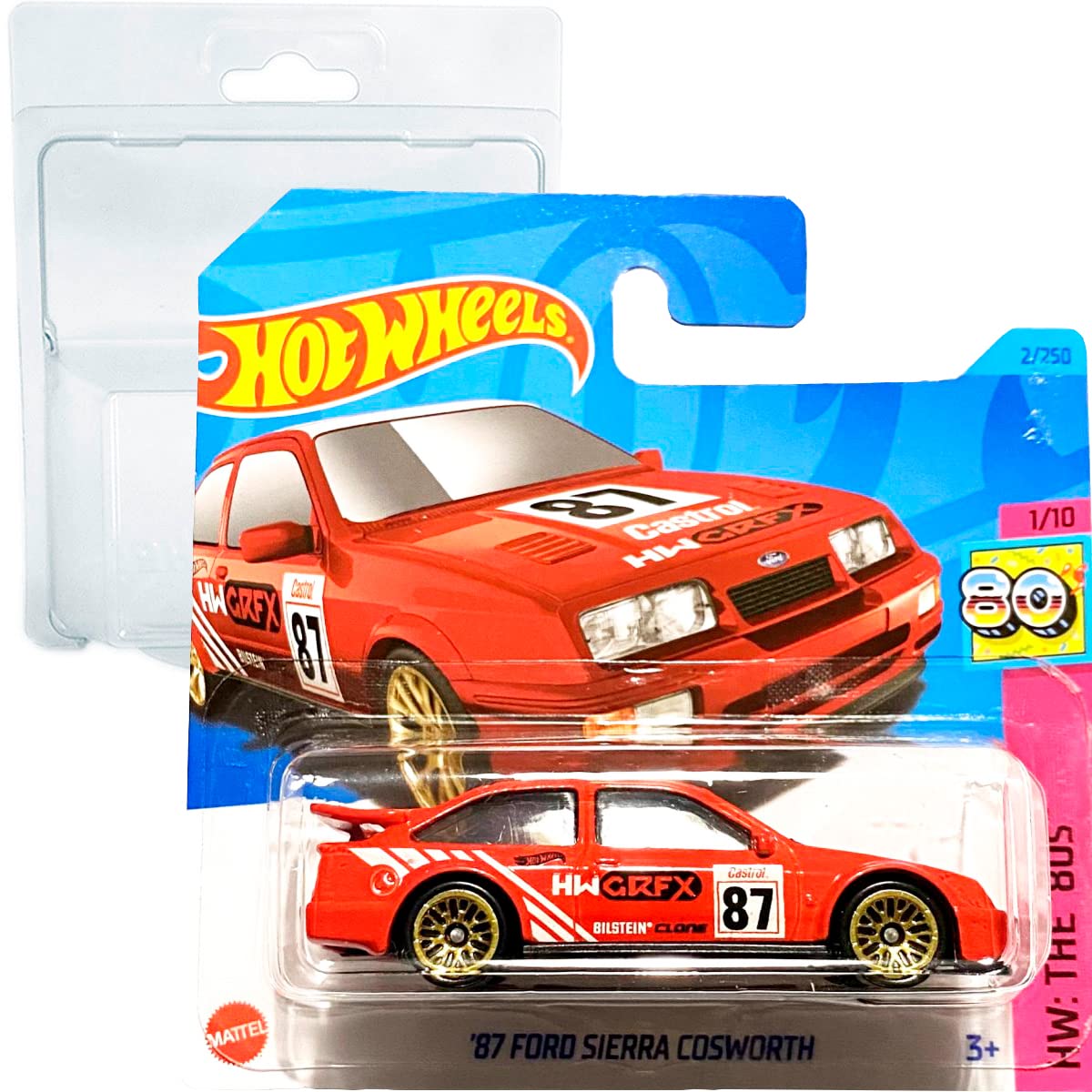 Friki Monkey Hot Wheels '87 Ford Sierra Cosworth HW: The 80's 1/10 (2/250) Short Card 2023 + Blister & Card Protector Pack