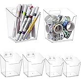 6 Pcs Clear Adhesive Wall Storage Bins, Small Cabinet Door Organizer Holders, Hanging Wall Mount Pockets, Plastic Cups for Shower Bathroom Makeup Office Craft Remote Kitchen Sink RV Organization