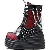 SONALOONG Goth Chunky Ankle Boots for Women - Bat Buckle DIY Platform,Zip Round Toe Lace Up Combat Bootie, Wedge Rave Boots Black Punk Shoes - Light Weight & Waterproof