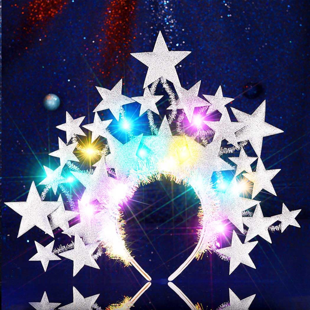 Fashband Light Up Star Headband Glitter Stars Tiara Halo Crown Headbands Led Goddess Costume Headpiece Christmas Carnival Party Hair Accessories for Women and Girls (Silver)