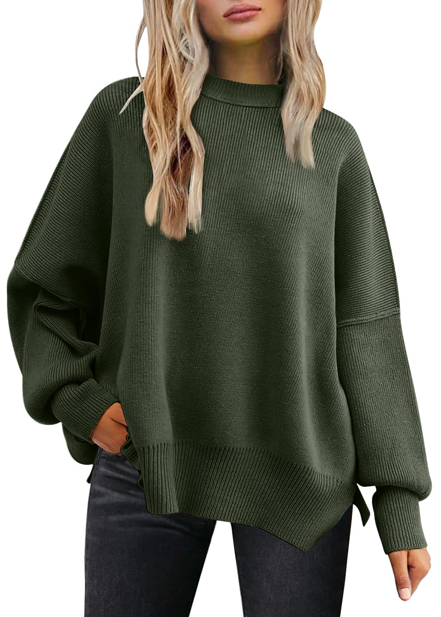 Photo 1 of LILLUSORY Women's Oversized Batwing Sweaters 2025 Fall Outfits Trendy Crewneck Knit Side Slit Fashion Pullover Tops ArmyGreen M