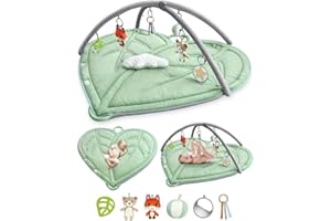 BLAVVENNT Baby Tummy Time Play Gym Mat - Large Newborn Montessori Activity Center Playmat for Floor with 6 Hanging Sensory Toys & Waterproof Nappy - 45" Portable Infant Mat for Babies 0-6-12 Months with Handle