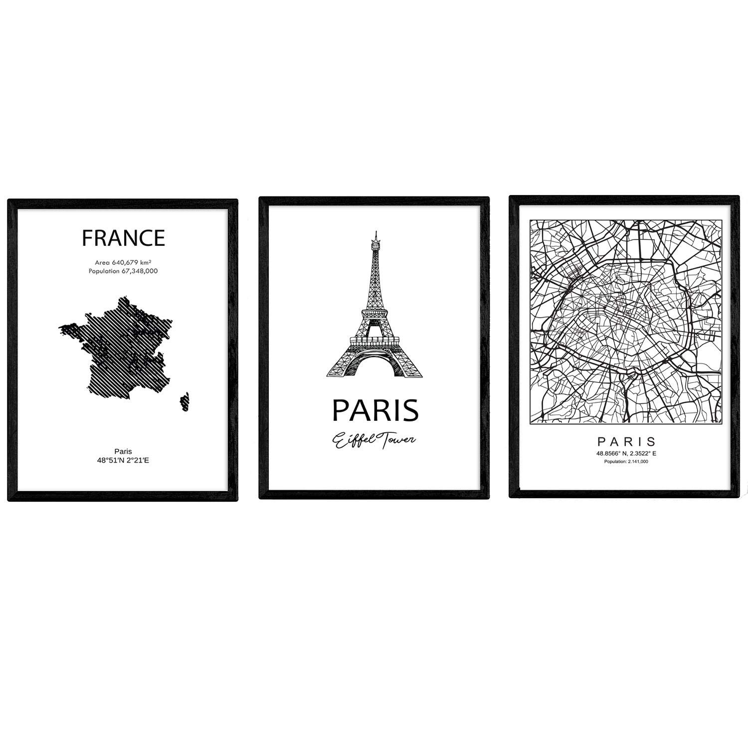 Pack of posters and monuments countries. Paris city map, map Eifell tower monument France. A3 size