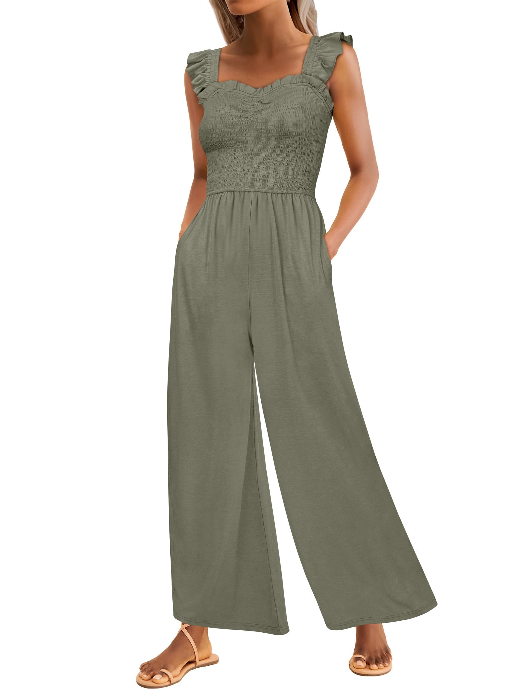 Photo 1 of Caracilia Womens Jumpsuit Sleeveless Casual Dressy Smocked Wide Leg Rompers Summer Vacation Jumpers with Pockets 2025 Outfits Olive Medium