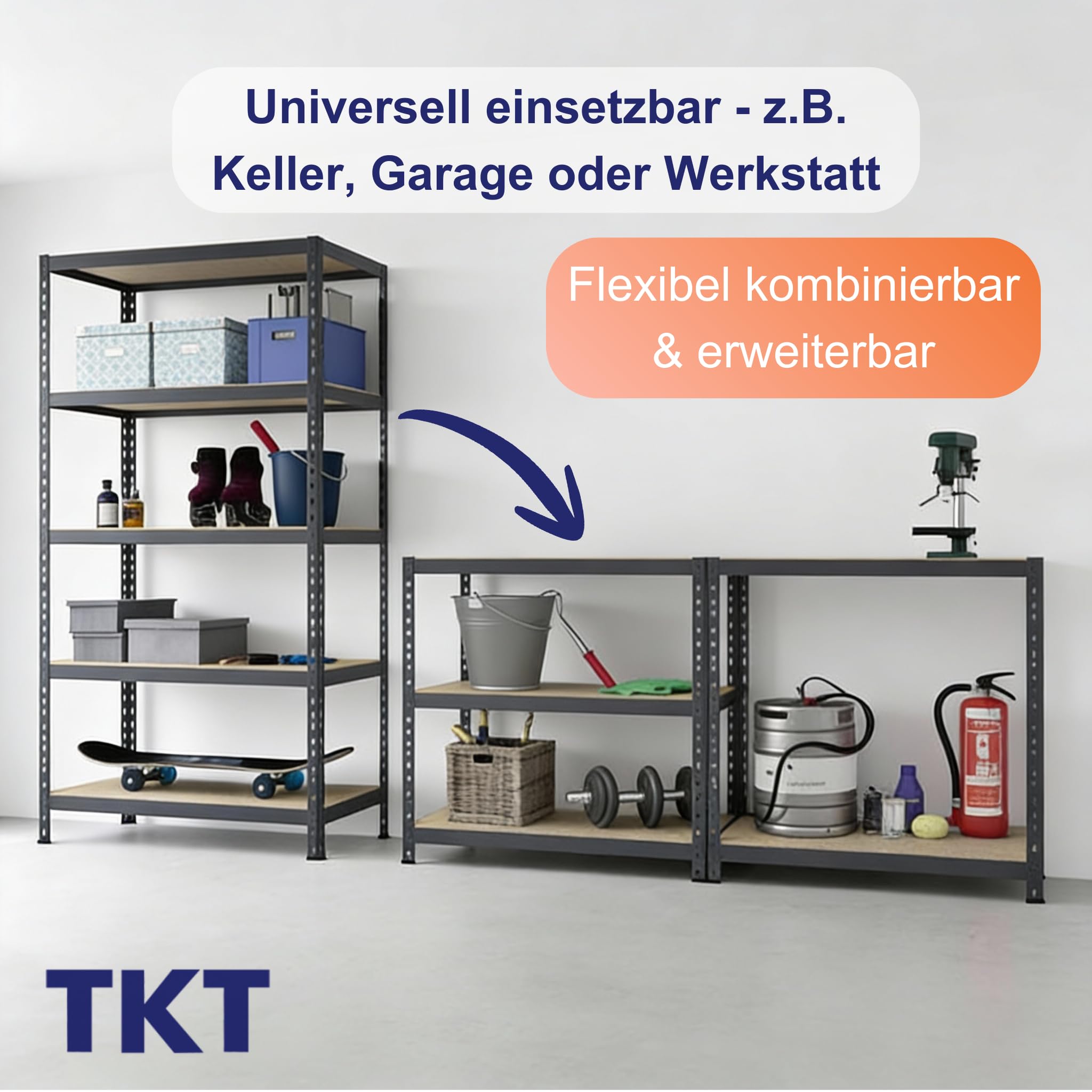 TKT – Work System Steckregal mit Holzböden & Unterzug 180x92x46cm - Regal mit 265kg Tragkraft pro Boden. Schwerlastregal mit 5 Böden für Werkstatt, Wohn- & Kellerraum. Anthrazit 6