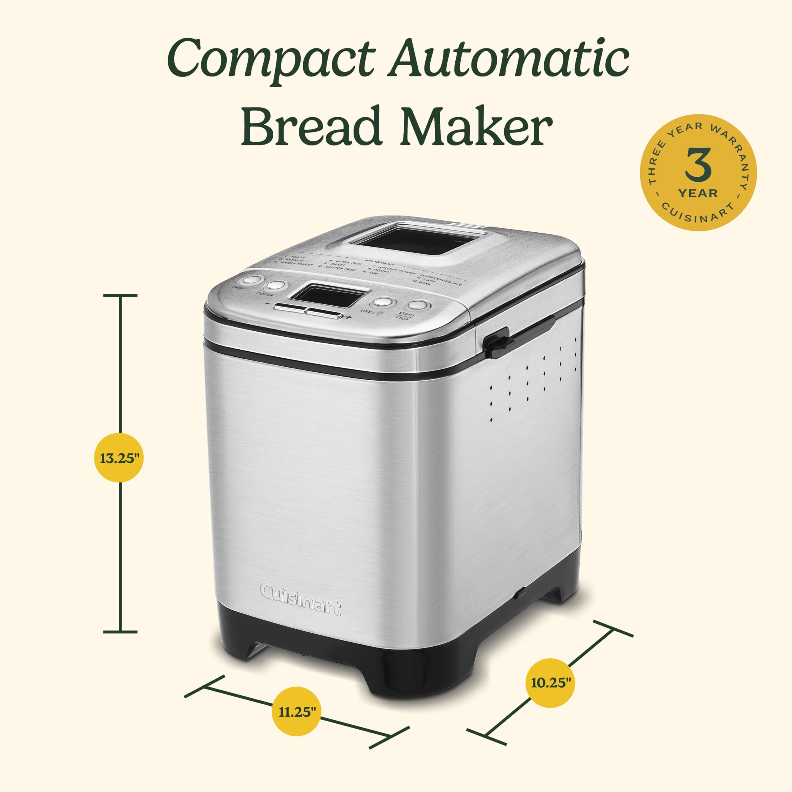 Cuisinart Bread Maker Machine, Stainless Steel Automatic Bread Machine with 12 Menu Options, 3 Loaf Sizes up to 2 Lb., 3 Crust Colors, Removable Nonstick Baking Pan & Kneading Paddle, CBK-110NAS