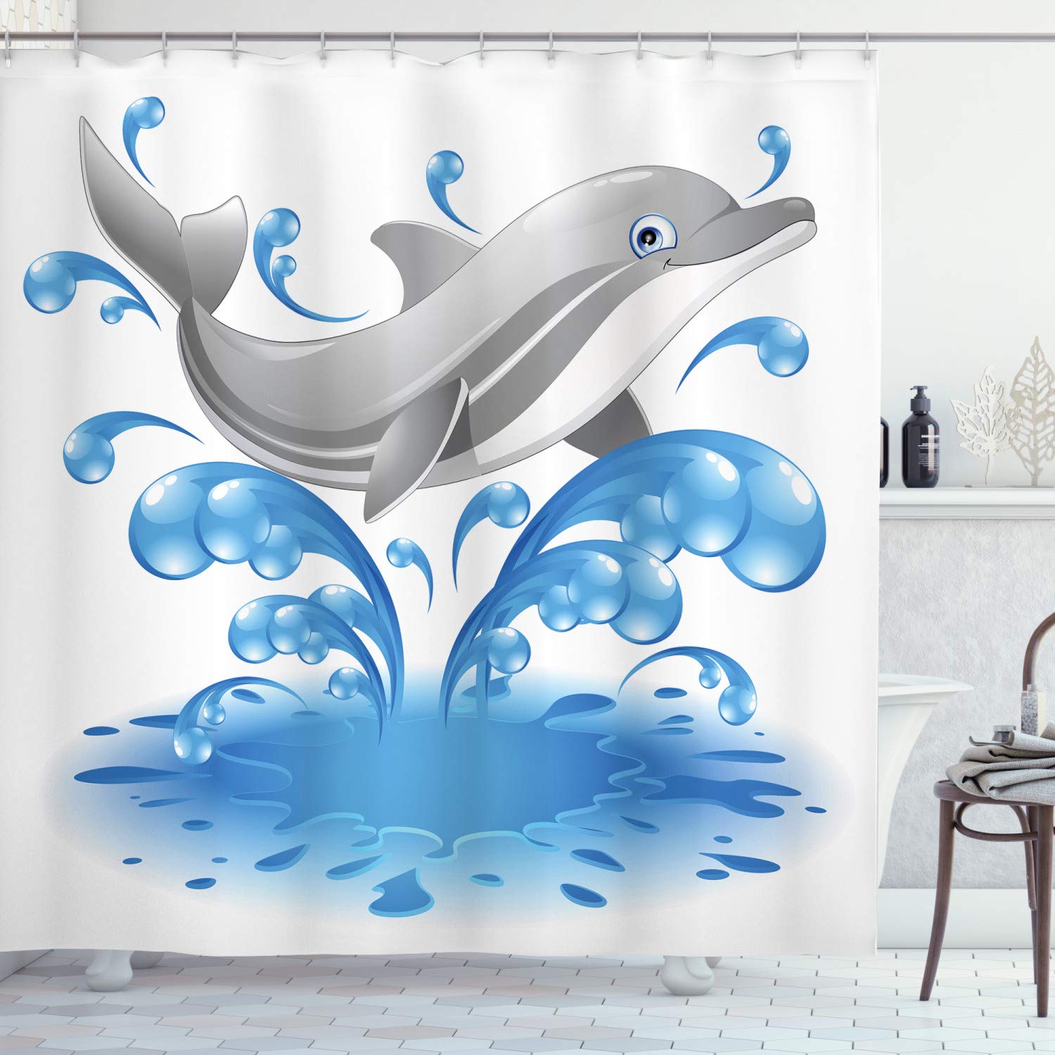 ABAKUHAUS Sea Animals Shower Curtain, Jumping Dolphin Animal Character Cartoon Style Water Splash Children Summer, Cloth Fabric Bathroom Decor Set with Hooks, 175 x 180 cm, Blue And Grey