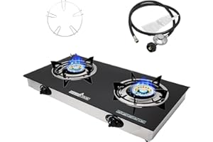 RegiisCook Double Burner Propane Gas Cooktop,Camping Portable LPG Gas Stove, Auto Ignition Tempered Glass Countertop with regulator and burner grate