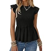 SHEWIN Womens Blouses Peplum Babydoll Summer Tops Ruffle Sleeve Dressy Casual Elegant Ladies Solid Shirts Spring Clothes