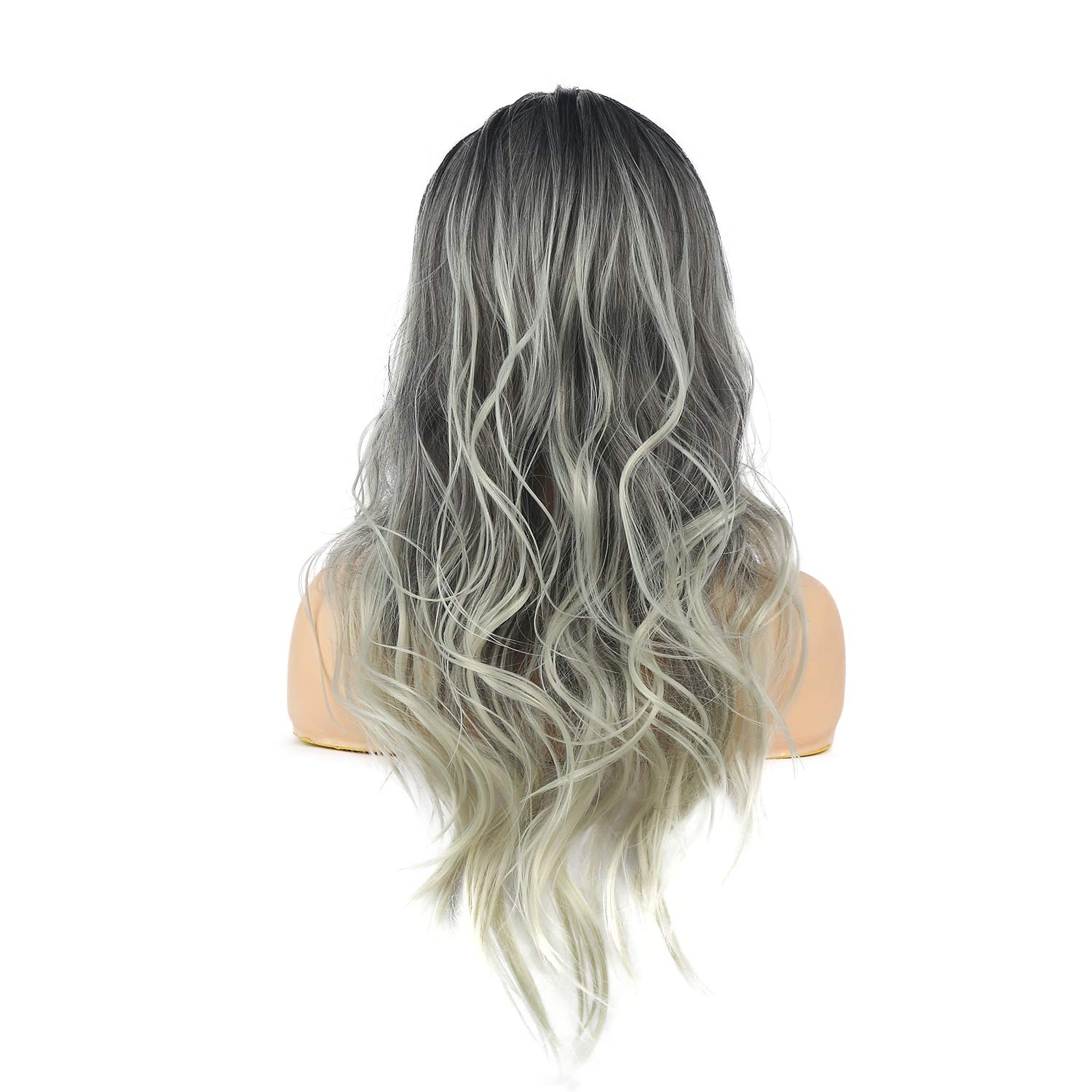 Sallcks Womens Long Curly Wavy Ombre Gray Wigs Dyeing Color Synthetic Replacement Wigs Heat Resistant Party Daily Wig with Wig Cap