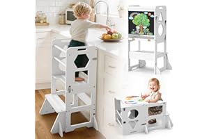 Woodure 4 in-1 Toddler Kitchen Step Stool, Foldable Learning Standing Tower with Blackboard, Wooden Kitchen Stool Helper for Kids, 1-3 Year Old Boy Girl Gifts - White