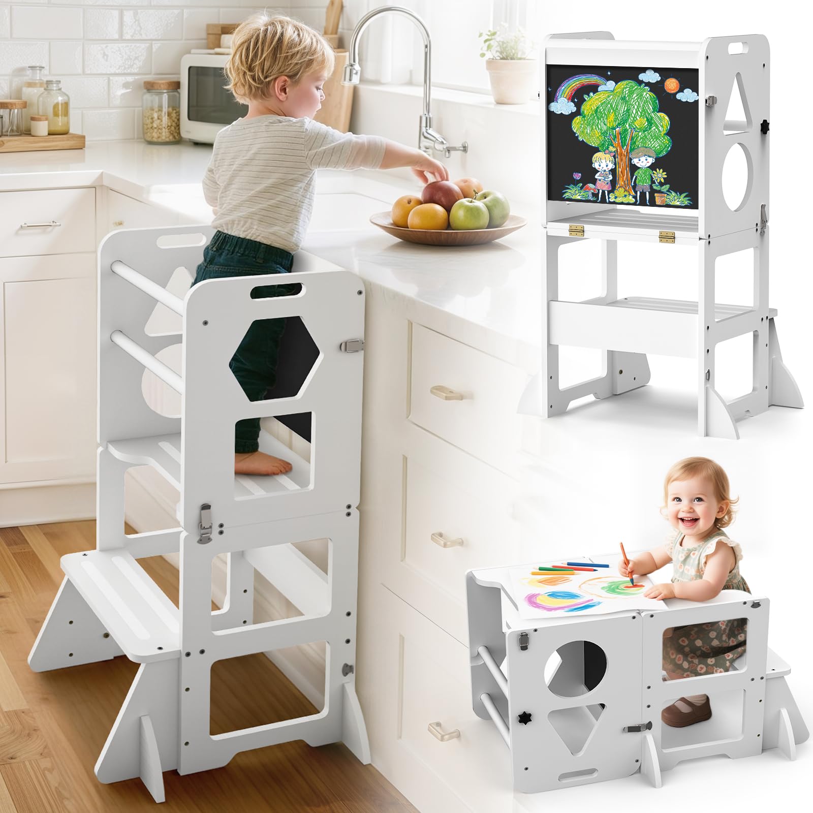 Photo 1 of Woodure 4 in-1 Toddler Kitchen Step Stool, Foldable Learning Standing Tower with Blackboard, Wooden Kitchen Stool Helper for Kids, 1-3 Year Old Boy Girl Gifts - White