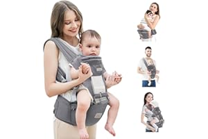 Mumgaroo Baby Carrier with Hip Seat, 6 in 1 Baby Carrier Newborn to Toddler, Adjustable Infant Carrier with Hood, All Seasons & All Position Baby Holder Carrier for Breastfeeding