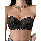 SweatyRocks Women's Lace Bandeau Bra Multiway Underwire Bras Adhesive Backless Strapless Bra