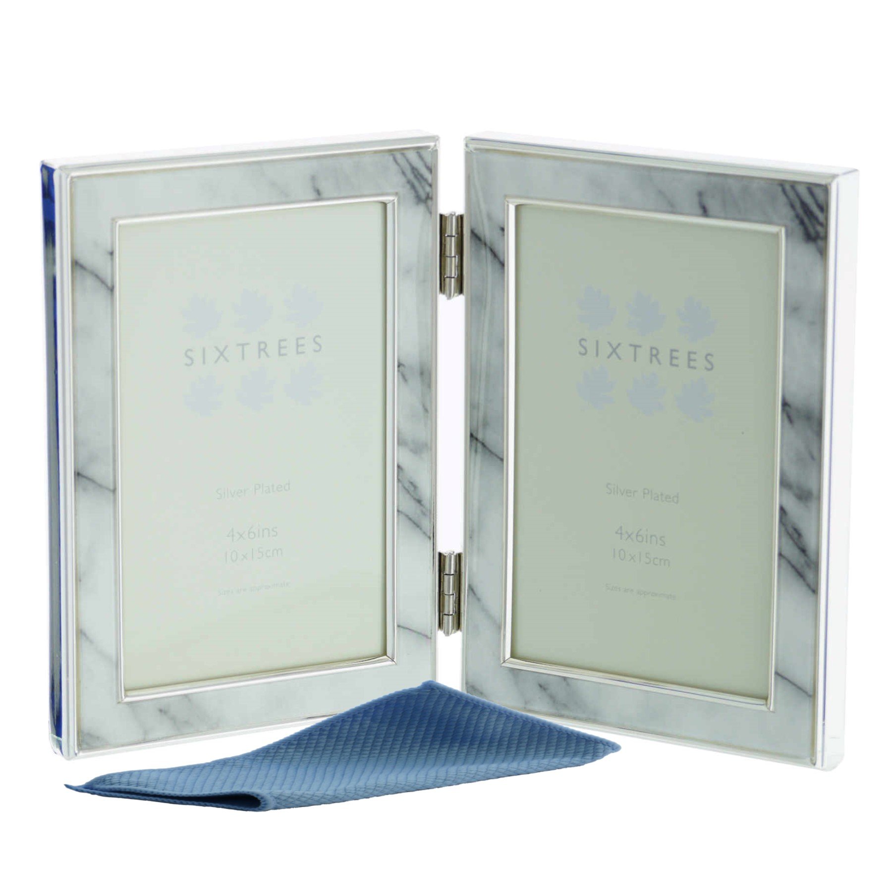 Sixtrees Georgette Silver Plated Folding Photo Frame with Grey Marble effect insert for two 6" x 4" (152mm x 102mm) Pictures -2-686-46HD - Complete with microfibre polishing cloth.