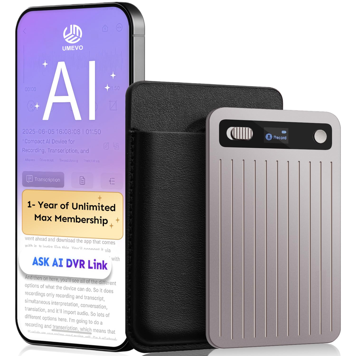 Photo 1 of UME UMEVO AI Voice Recorder with App Control : AI Transcription, Summarization & Mind Maps, Portable AI Note Taking Device with Case 64GB Memory Recording for Calls, Meetings, Interviews (Rose Gold)