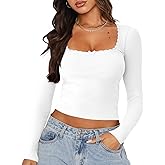 NODHUT Women's Long Sleeve Crop Top Sexy Square Neck Going Out Tops Cute Ribbed Knit Bow Knot Lace Patchwork T Shirts
