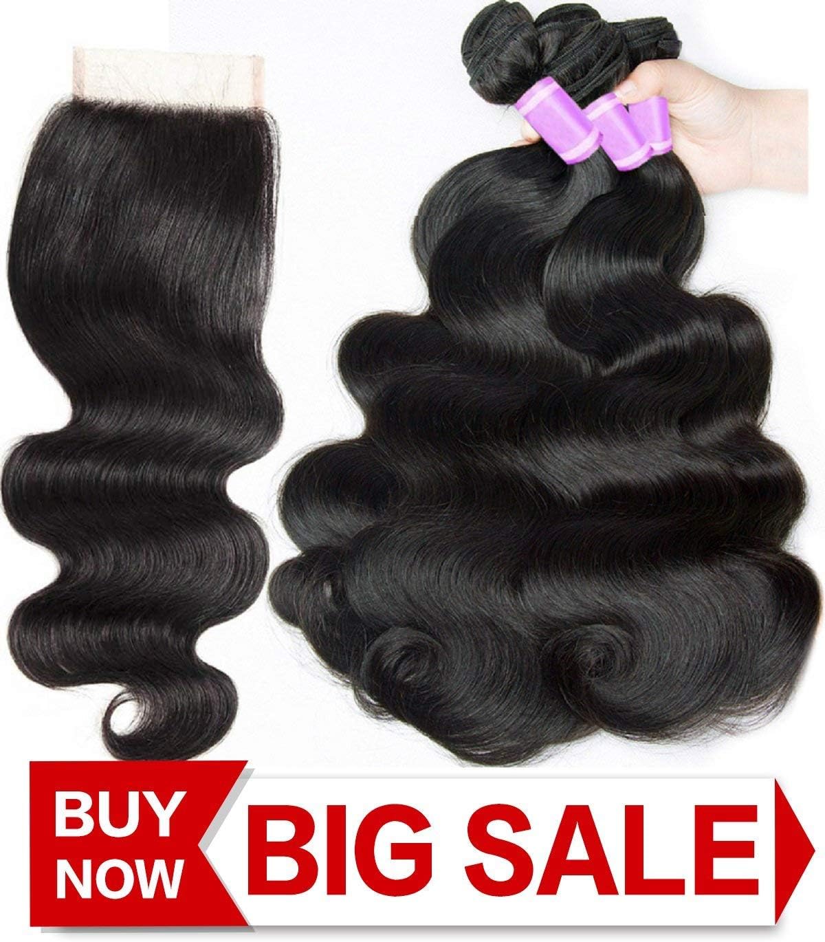 Brazilian Body Wave Virgin Hair 3 Bundles With Lace Closure Free Part Human Hair Bundles with Closure Remy Hair Extensions Natural Color 16 18 20+14 Inch