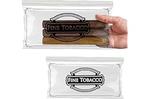 APQ Supply Clear Printed "Fine Tobacco" Cigar Bags Plastic, 10 x 5 Inches. Pack of 100 Reclosable Zipper Bags for Cigars. Polyethylene Cigar Travel Bag, 3 Mil. Small Plastic Baggies for Storing Cigars
