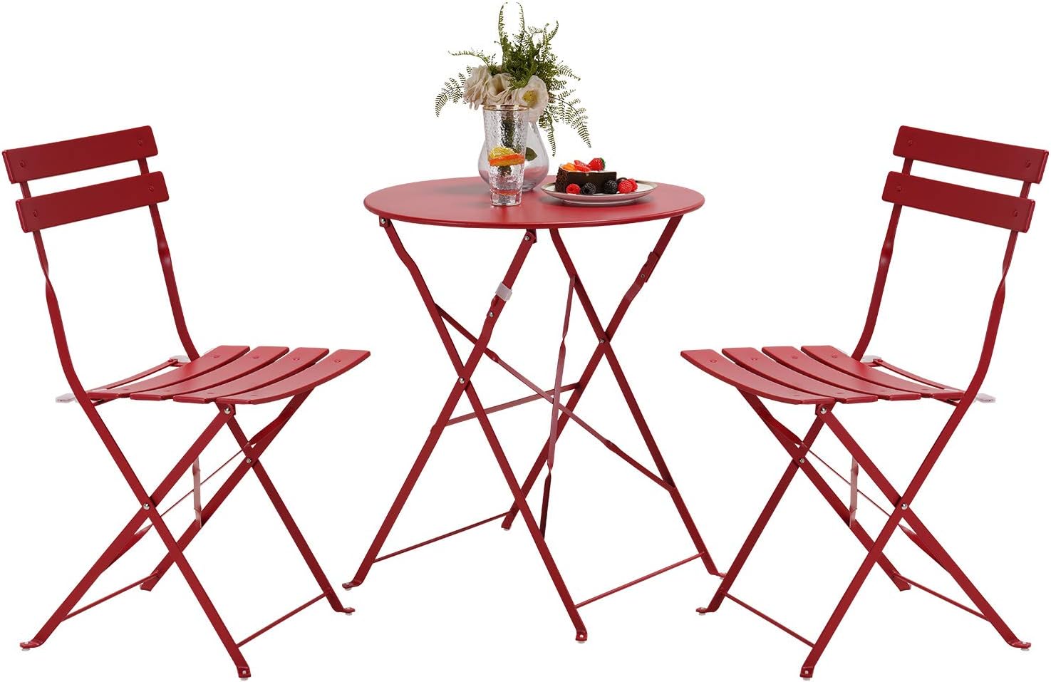 Grand patio 3pc Metal Folding Bistro Set, 2 Chairs and 1 Table, Weather-Resistant Outdoor/Indoor Conversation Set for Patio, Yard, Garden (Dark red)