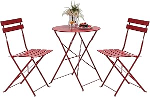Grand patio 3pc Metal Folding Bistro Set, 2 Chairs and 1 Table, Weather-Resistant Outdoor/Indoor Conversation Set for Patio, Yard, Garden (Dark red)