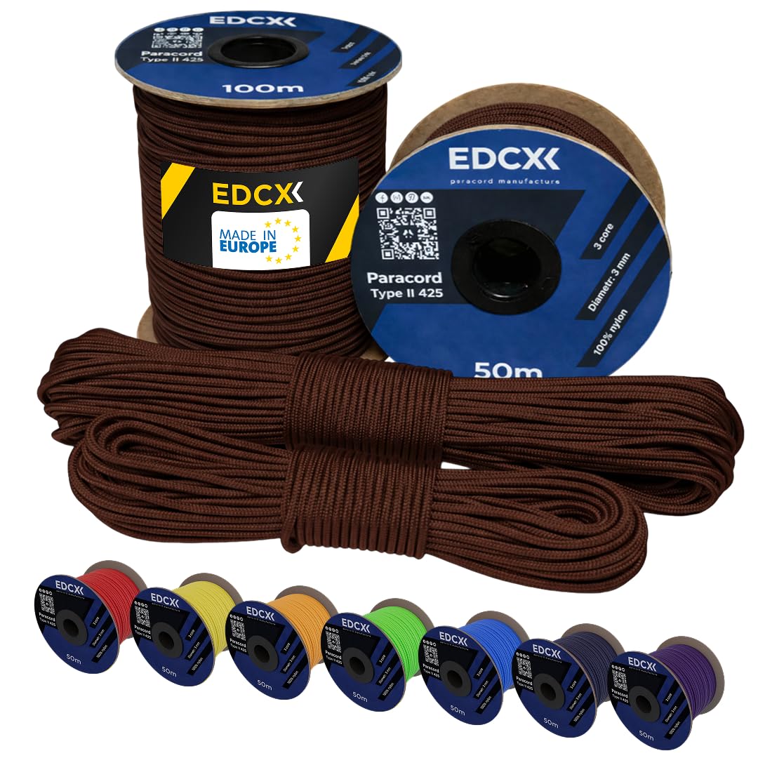 EdcX 3 mm Nylon Paracord 425 (15, 30, 50 and 100m) – 3 mm Type II, 100% Nylon Rope, 3 Strand Rope, 3 mm Nylon Rope in Many Colors (Chocolate, 30 m)