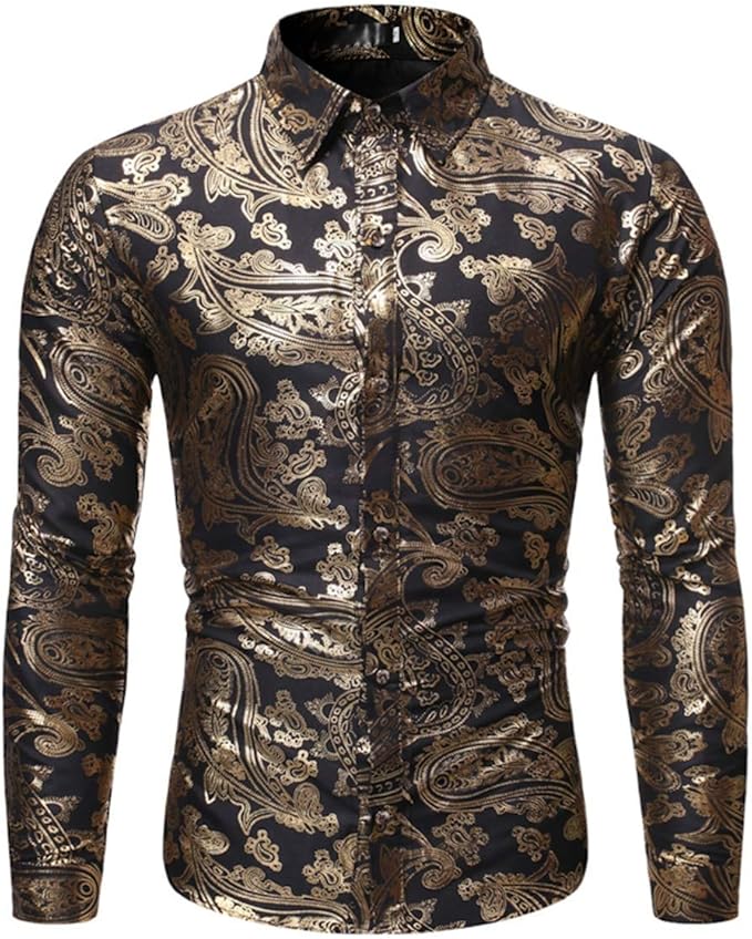 Mens Paisley Dress Shirt Casual Gold Floral Print Shirts Tux Classic