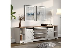 WAMPAT Modern Farmhouse 3 in 1 TV Stand for up to 85" TVs Wood Entertainment Center with Sliding Barn Door and Adjustable Media Storage Shelf for Living Room,Cream White
