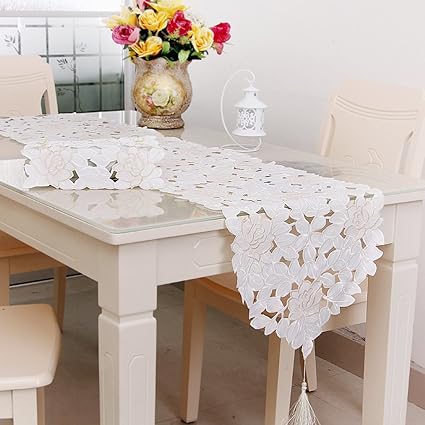 White Table Runner Cutwork Embroidered Flower with Tassel Decor 40cmx150cm