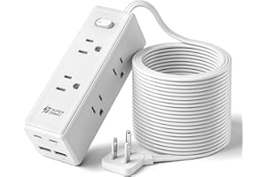 15 英尺(约 3.8 米)延长线,带多个插座,长延长线,带 6 个插座,4 个 USB 端口(2 个 USB C),扁平插头浪涌保护器电源板,适用于家庭、办公室用品、宿舍必备品