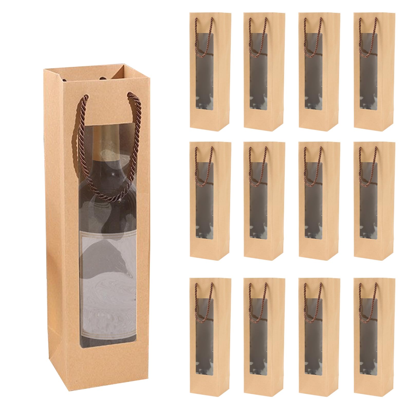 DQZSY 12 Pieces Kraft Paper Wine Bottle Bag, Wine Bottle Holder with Handles, Kraft Tissue Paper, Retail Wine Bag for Christmas, Wedding, Party, 3.7 x 3.7 x 13.7 Inches (Brown)