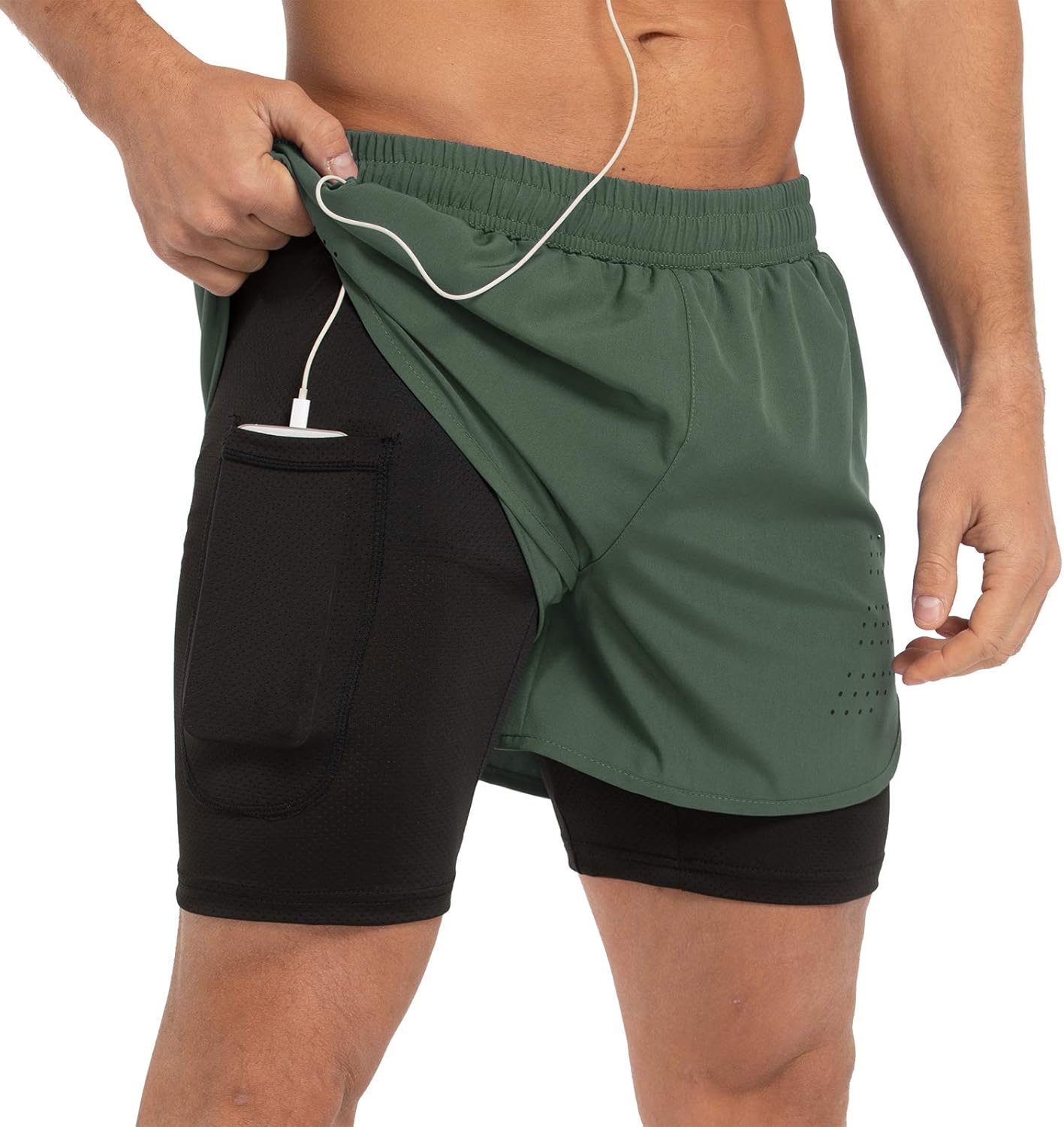 Gesean Men's 2 in 1 Workout Running Shorts 5" Lightweight Gym Training Sport Short with Phone Pockets: Clothing