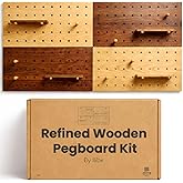 Wooden Pegboard Wall Organizer 2-Tone Kit, 4 Panels, 4 Shelves & 8 Pegs | Natural and brown wood-look MDF, modular wall stora