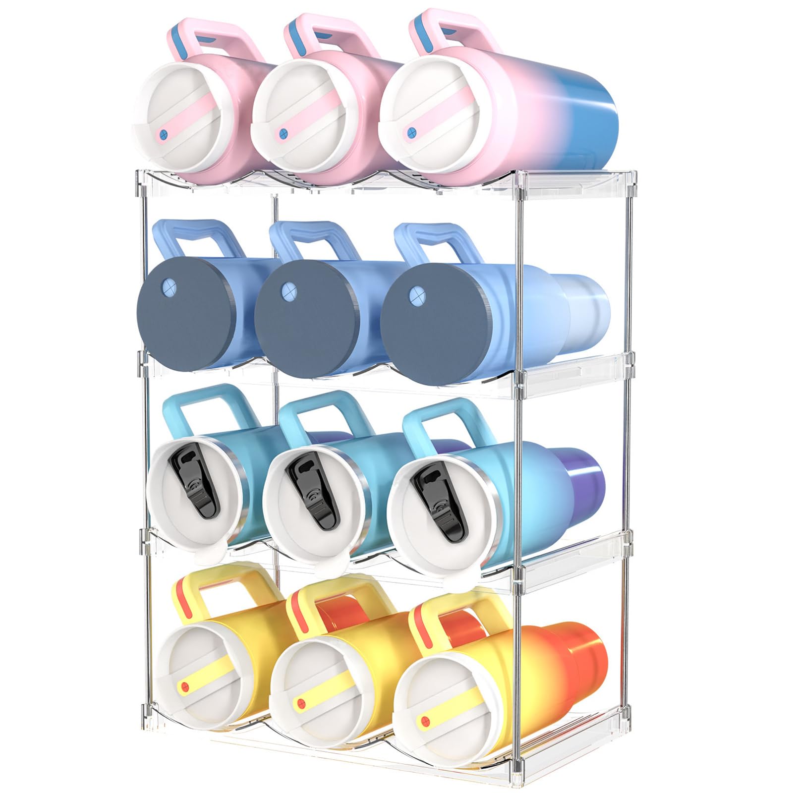 Irayin Stackable Water Bottle Organizer Holder - for Stanley & Others' Large Tumbler Organization - Plastic Bottle Holder Wine Rack for Kitchen Countertop Storage, Cupboard, Office, 4 Tier Hold 12