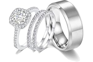 CEJUG 18k White Gold Plated Wedding Ring Sets for Him and Her Womens Mens Titanium Stainless Steel Bands 2Ct Cz Couple Rings