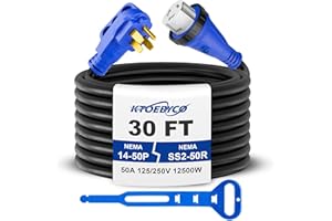 KTOEBYCO 50 Amp 30FT RV Extension Cord, ETL Listed Heavy Duty Copper NEMA 14-50P to SS2-50R Power Cord with Twist Lock and Polarity Indicator